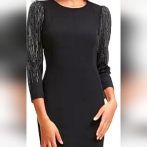 CALVIN KLEIN Black Rhinestone 3/4 Sleeve Jewel Above The Knee.pit to pit 19"